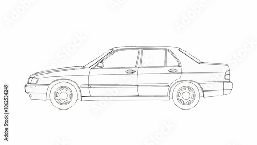 Detailed Line Drawing of a Classic Sedan Car.