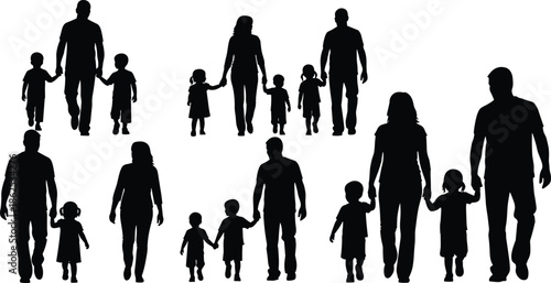 Black silhouettes set of happy families walking and holding hands with children for parenthood childhood family love and together concepts