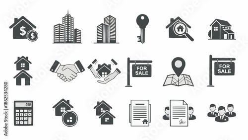 Real Estate Icons - Buildings, Keys, Signs, and Financial Tools.