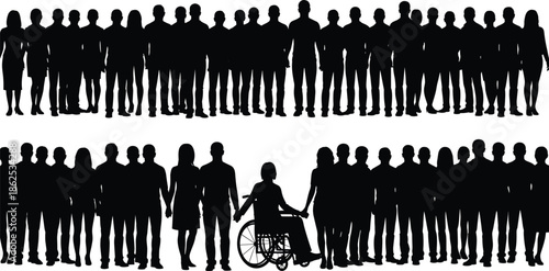 Black silhouettes set of diverse people standing together including person in wheelchair for community unity equality and social inclusion concepts