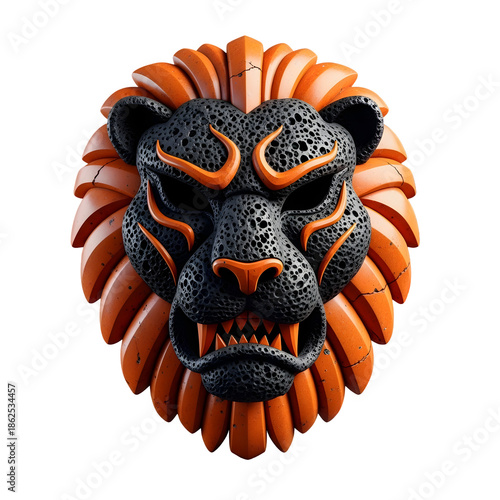 Stylized Lion Head Sculpture with Orange Mane and Black Face.
