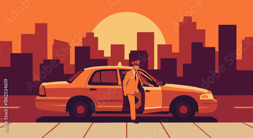 “Taxi driver parking the taxi at sunset after finishing work, warm solid colour palette, simplified skyline in the background, flat vector illustration, no gradients, minimal composition