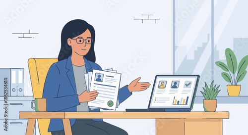 “Human resources specialist sitting at a desk reviewing printed resumes and a laptop, documents represented as simple icons, modern office setting, flat vector illustration