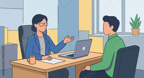 Human resources specialist conducting a job interview across a desk, candidate seated opposite, office interior, flat vector illustration