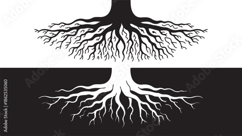 Stylized graphic of tree roots forming an intricate black and white symmetrical design, representing organic growth, interconnectedness, and the fundamental network of life