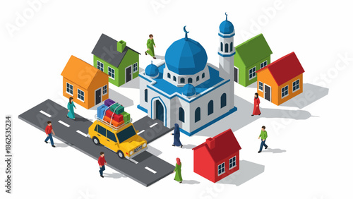 Vibrant Islamic Village Scene with Mosque, Houses, and People in a Charming Isometric Illustration
