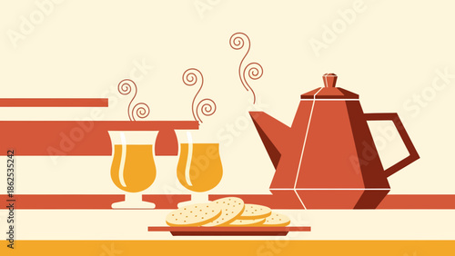 Cozy beverage and biscuit break on a table with retro-style decor and warm, inviting steam rising from the drinks