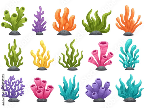 Colorful Fantasy Underwater Plants and Coral Vector Illustration Set