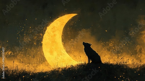 Silhouette of a Wolf Howling at a Large Golden Crescent Moon with Sparkles in a Grassy Field at Dusk