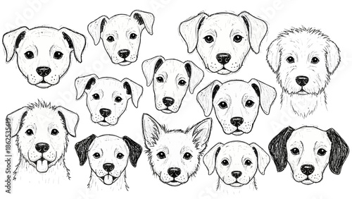 A collection of black and white line art drawings featuring various adorable puppy faces with different ear styles and expressions.