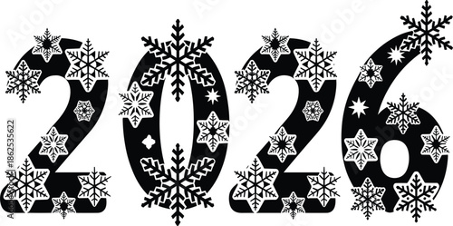 2026 New Year vector typography with black numbers and white decorative snowflakes for winter holiday design