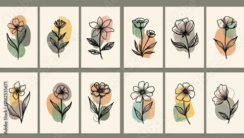 ミニマリストな線画で描かれた花々が、柔らかな色合いの抽象的な背景と組み合わされた、モダンなボタニカルアートのコレクション.