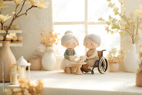 車椅子のお婆さん二人が楽しむ憩いのティータイム（3D）／まみおデザイン福祉シリーズ
