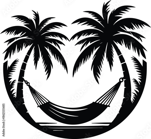 Tropical beach scene with palm trees and a hammock perfect for vacation and relaxation concepts isolated on white background