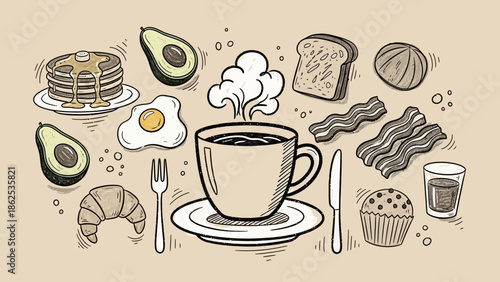 温かいコーヒー、パンケーキ、ベーコン、アボカドなど、美味しい朝食メニューのスケッチイラスト。.