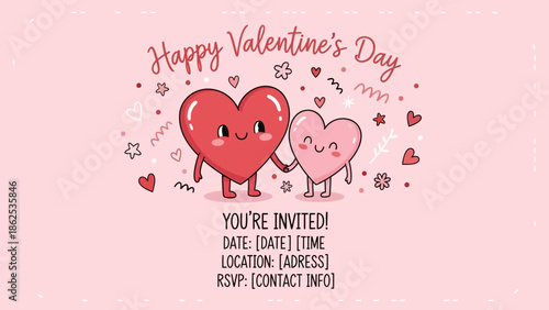 Cute cartoon hearts holding hands on a pink background for a Valentine's Day invitation with event details.