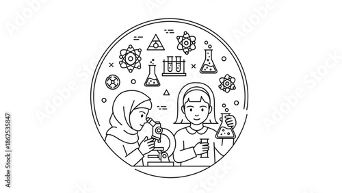 Two women conducting a scientific experiment in a laboratory setting with various equipment and symbols surrounding them.