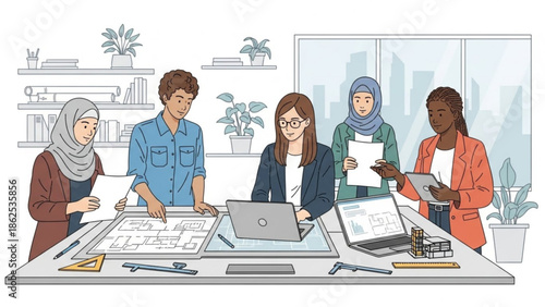 Diverse team collaborating on architectural project in modern office environment