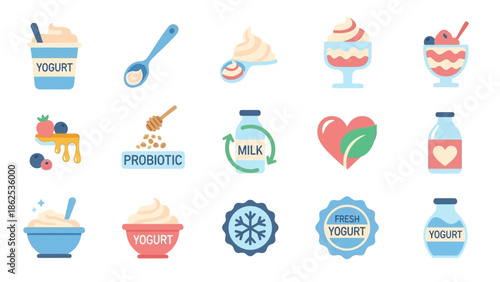 A collection of flat design icons representing various aspects of yogurt, milk, probiotics, and healthy dairy products, including cups, bowls, spoons, and labels.