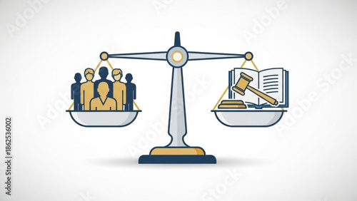 Justice being balanced between people and law on a scale