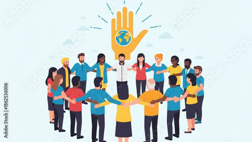 Diverse group of people standing together in unity with a giant hand holding a globe above them