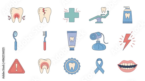 A collection of dental health icons depicting various aspects of oral care, tooth problems, pain, and dental tools.