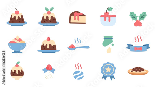 A collection of flat design icons featuring various desserts, puddings, cakes, and festive elements like holly and stockings, with steam and award badges.