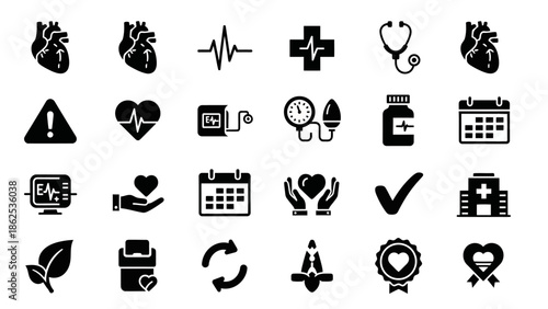 A comprehensive collection of black and white medical and healthcare icons, featuring symbols for cardiology, health monitoring, and general wellness.