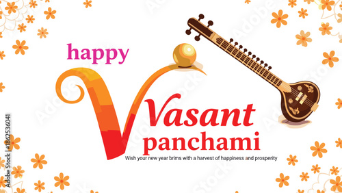 Happy Vasant Panchami greeting card with traditional musical instrument veena and floral decorations, cad drawing flat vector illustration on white background, Hindu festival.
