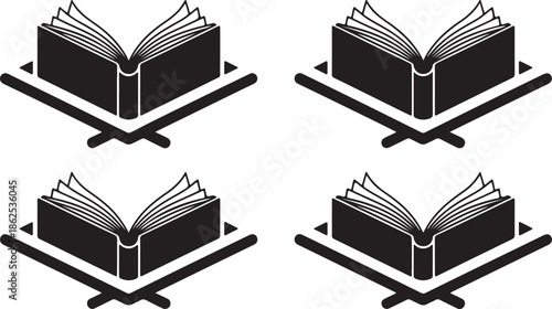 A black and white icon illustration of a classic open book resting on a stand, representing knowledge, education, learning, and spiritual wisdom