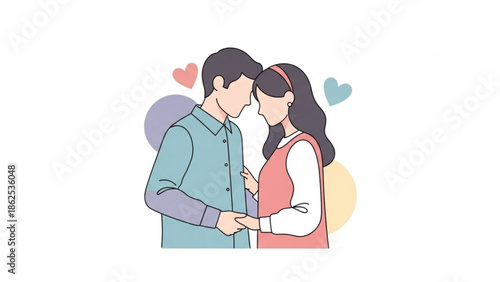 A couple sharing a tender moment with hearts surrounding them in a minimalist illustration