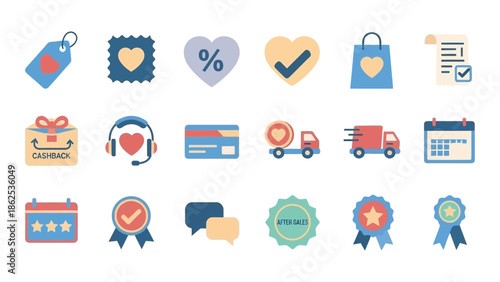 Collection of flat design e-commerce and online shopping icons, including customer service, delivery, payment, loyalty, and discount symbols.