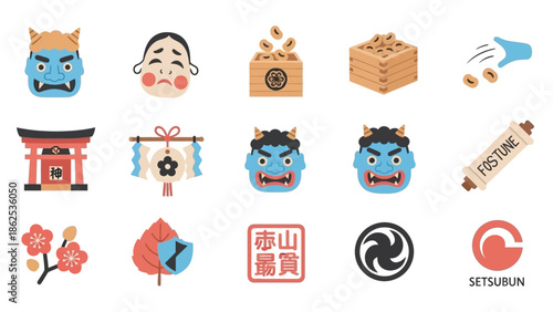 A collection of traditional Japanese Setsubun festival icons including oni masks, bean-throwing, torii gate, and cultural symbols.