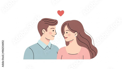 A young couple gazing lovingly at each other with a heart above them in a tender moment