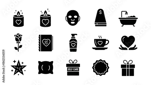 A collection of black silhouette icons representing self-care, relaxation, wellness, and thoughtful gifts on a white background.