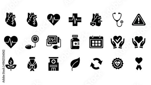 A comprehensive set of black glyph icons representing cardiology, healthcare, and medical concepts on a white background.