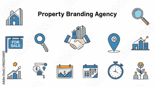 Property Branding Agency Icons Set - Real Estate and Business Concepts.