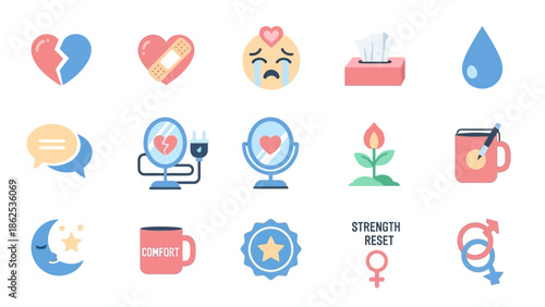 A collection of flat design icons representing emotions, self-care, relationships, mental health, and personal well-being concepts.