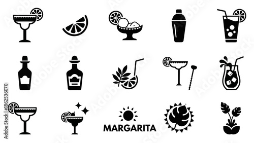 Collection of black and white icons depicting various margarita cocktails, ingredients, and related bar elements like shakers and lime slices, perfect for drink menus or summer themes.