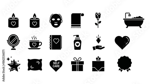 A collection of black silhouette icons representing self-care, relaxation, spa treatments, and personal well-being items on a white background.