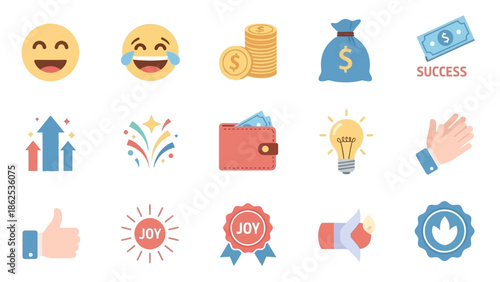 Collection of flat design icons representing success, happiness, money, ideas, and celebration in business context.