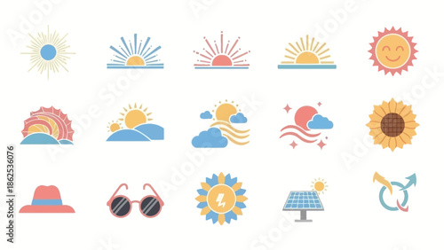 Collection of colorful flat design icons depicting sun, weather, summer elements, and related accessories.