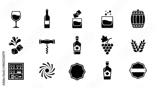 Black and white icons of various alcoholic beverages and related accessories, including wine, whiskey, bottles, glasses, barrels, corkscrews, and grapes.