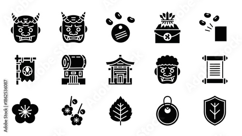A collection of black silhouette icons representing Japanese culture, including Oni masks, soybeans, traditional drums, shrines, plum blossoms, and various cultural symbols.