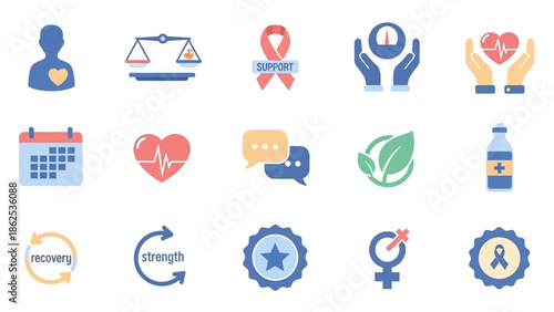 A comprehensive collection of flat design icons representing health, wellness, support, recovery, and medical care concepts.
