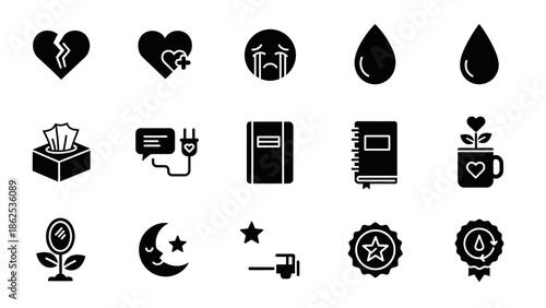 A collection of black glyph icons featuring broken hearts, crying faces, water drops, tissue box, notebooks, plants, moon, stars, and award badges.