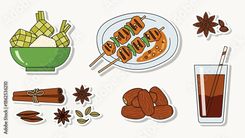 A collection of delicious food and drink items, including rice, grilled skewers, dates, and spiced tea