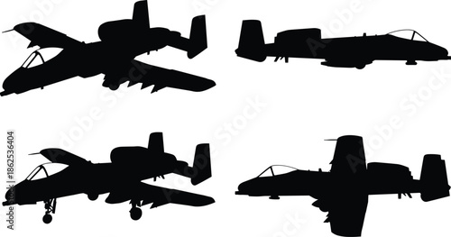 Military attack aircraft silhouettes showing multiple angles isolated on white background aviation defense vector illustration set collection design graphic pack