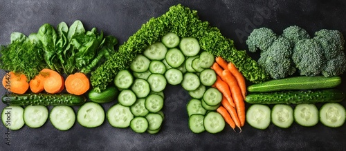 House of veggies Cucumbers, carrots, spinach, broccoli, dark background, healthy food