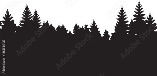 A black and white illustration of a forest landscape with trees silhouetted against a white background viewed from a distance